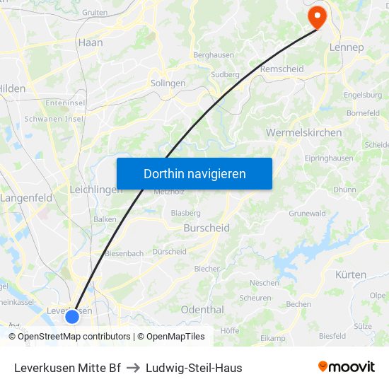 Leverkusen Mitte Bf to Ludwig-Steil-Haus map