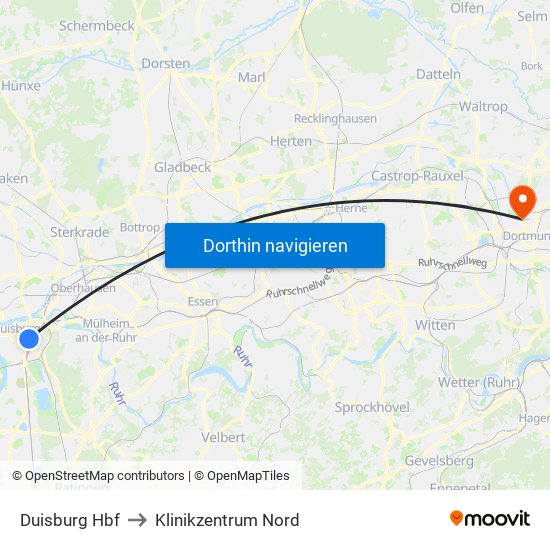 Duisburg Hbf to Klinikzentrum Nord map