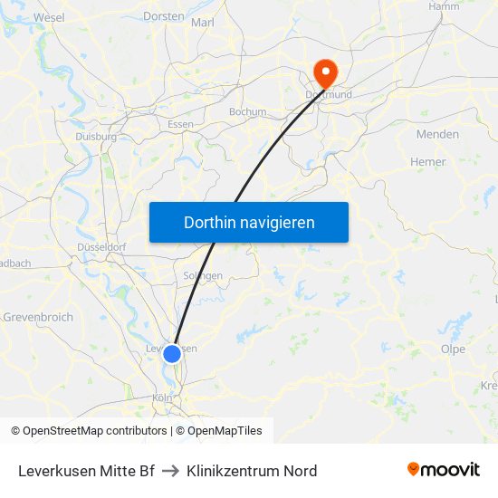 Leverkusen Mitte Bf to Klinikzentrum Nord map