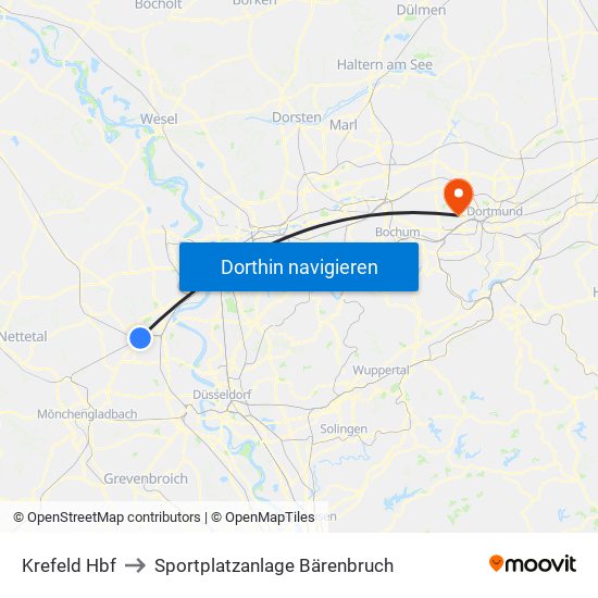 Krefeld Hbf to Sportplatzanlage Bärenbruch map