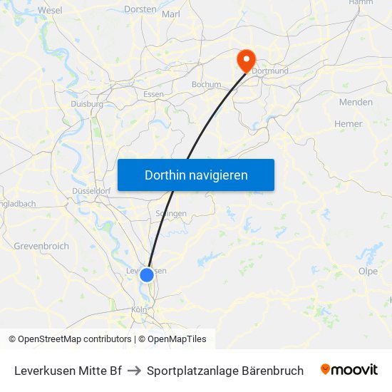 Leverkusen Mitte Bf to Sportplatzanlage Bärenbruch map