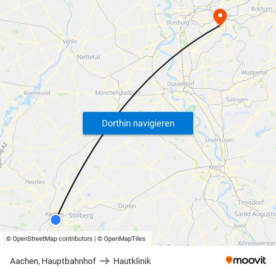 Aachen, Hauptbahnhof to Hautklinik map