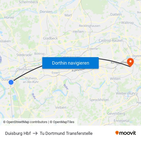 Duisburg Hbf to Tu Dortmund Transferstelle map