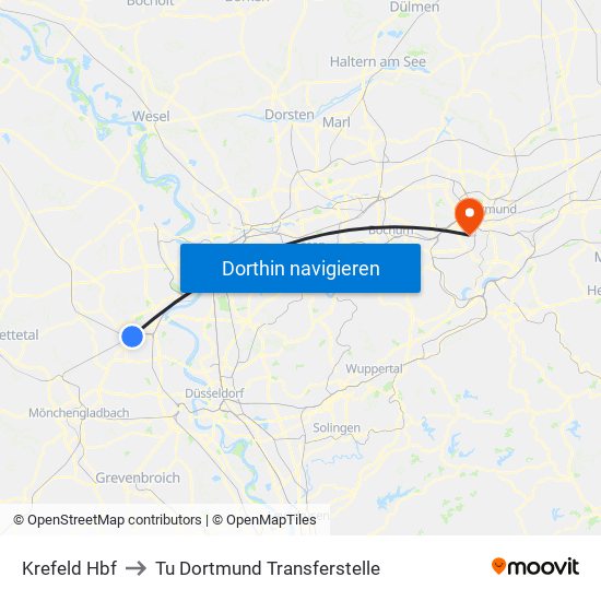 Krefeld Hbf to Tu Dortmund Transferstelle map