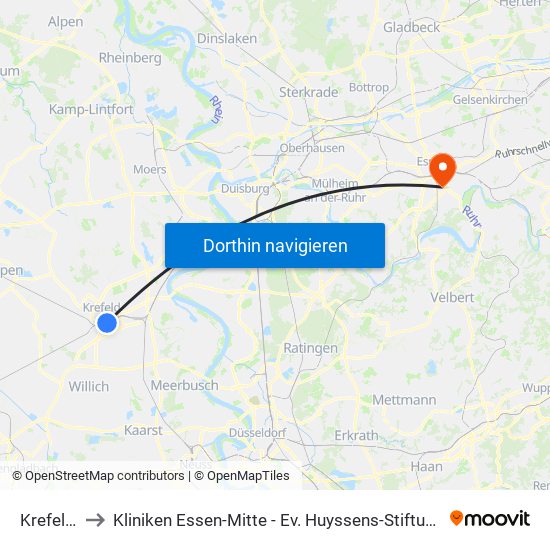 Krefeld Hbf to Kliniken Essen-Mitte - Ev. Huyssens-Stiftung/ Knappschaft Gmbh map