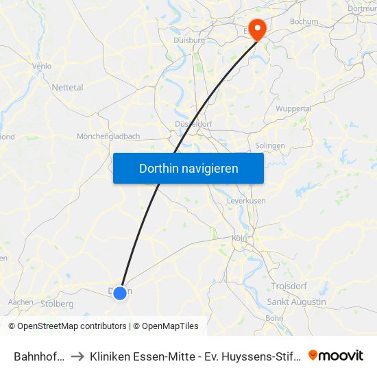 Bahnhof - Düren to Kliniken Essen-Mitte - Ev. Huyssens-Stiftung/ Knappschaft Gmbh map