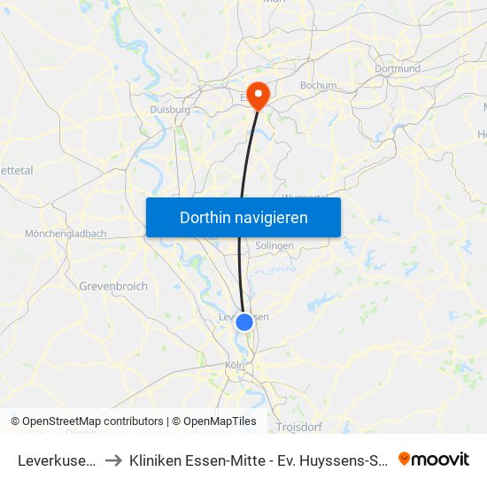 Leverkusen Mitte Bf to Kliniken Essen-Mitte - Ev. Huyssens-Stiftung/ Knappschaft Gmbh map