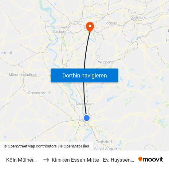 Köln Mülheim Wiener Platz to Kliniken Essen-Mitte - Ev. Huyssens-Stiftung/ Knappschaft Gmbh map