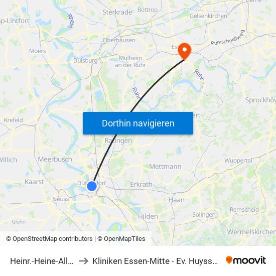 Heinr.-Heine-Allee U - Düsseldorf to Kliniken Essen-Mitte - Ev. Huyssens-Stiftung/ Knappschaft Gmbh map