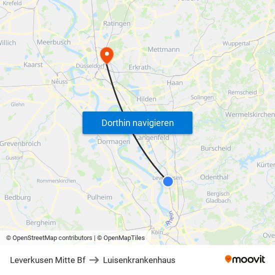 Leverkusen Mitte Bf to Luisenkrankenhaus map