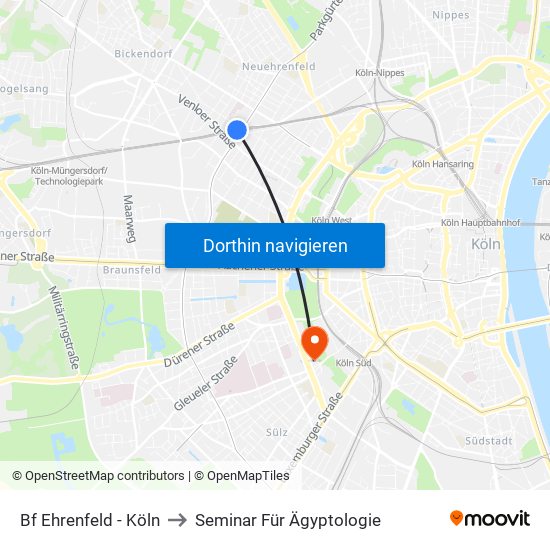 Bf Ehrenfeld - Köln to Seminar Für Ägyptologie map