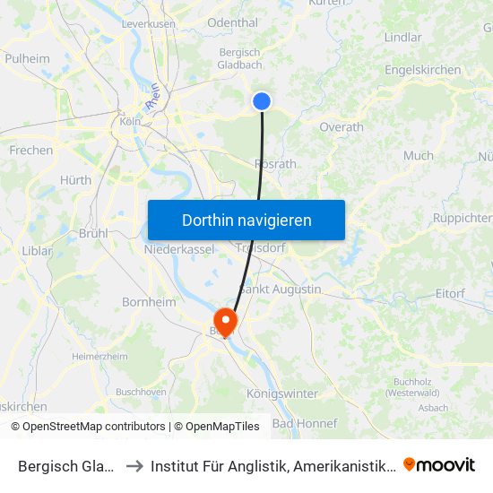 Bergisch Gladbach Bensberg to Institut Für Anglistik, Amerikanistik Und Keltologie Der Universität Bonn map