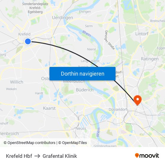 Krefeld Hbf to Grafental Klinik map