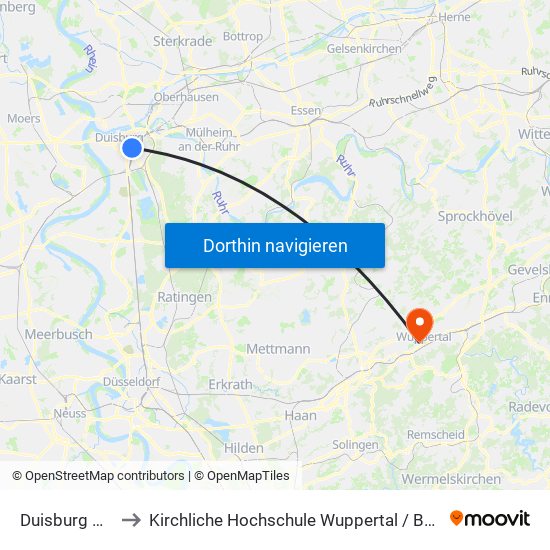 Duisburg Hbf to Kirchliche Hochschule Wuppertal / Bethel map