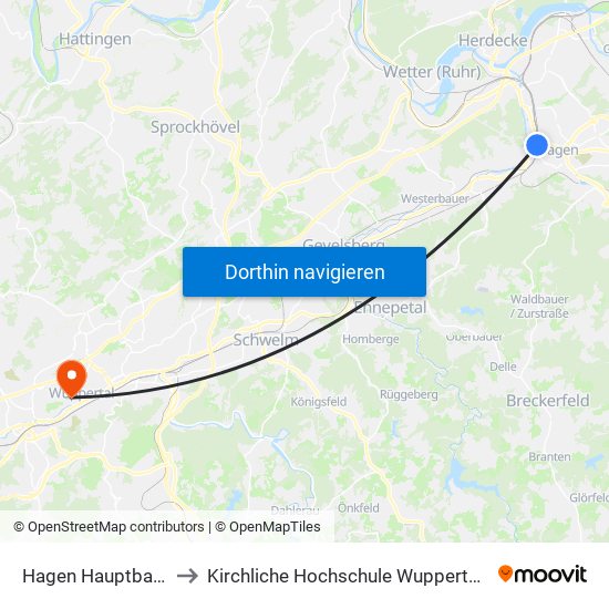 Hagen Hauptbahnhof to Kirchliche Hochschule Wuppertal / Bethel map
