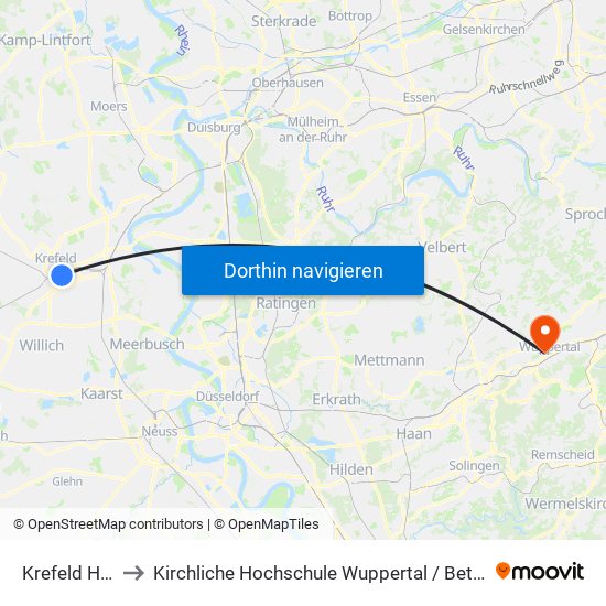 Krefeld Hbf to Kirchliche Hochschule Wuppertal / Bethel map