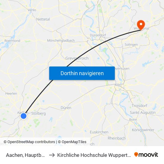 Aachen, Hauptbahnhof to Kirchliche Hochschule Wuppertal / Bethel map