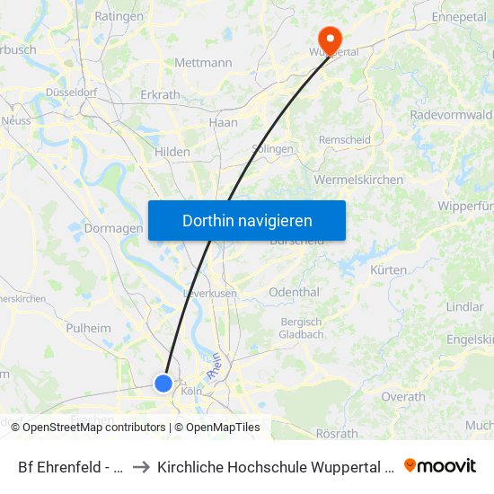 Bf Ehrenfeld - Köln to Kirchliche Hochschule Wuppertal / Bethel map