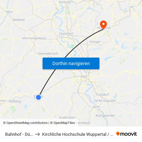 Bahnhof - Düren to Kirchliche Hochschule Wuppertal / Bethel map