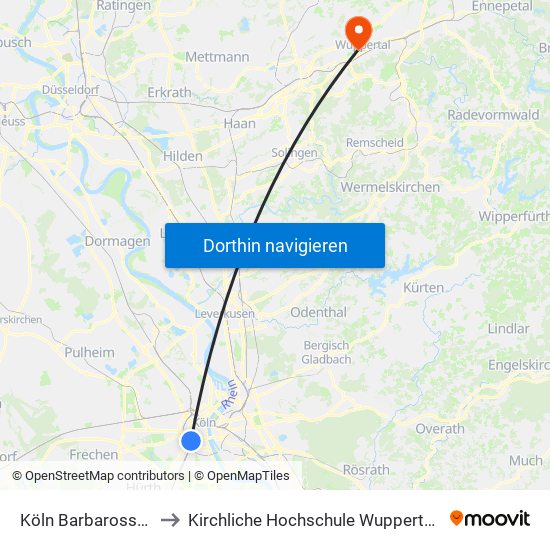 Köln Barbarossaplatz to Kirchliche Hochschule Wuppertal / Bethel map