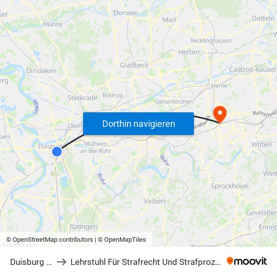 Duisburg Hbf to Lehrstuhl Für Strafrecht Und Strafprozessrecht map