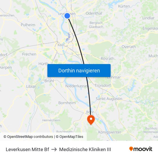 Leverkusen Mitte Bf to Medizinische Kliniken III map