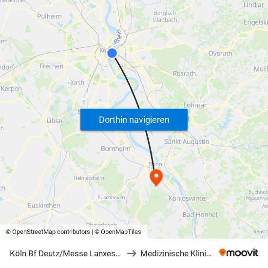 Köln Bf Deutz/Messe Lanxess Arena to Medizinische Kliniken III map