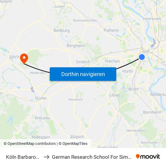 Köln Barbarossaplatz to German Research School For Simulation Sciences map