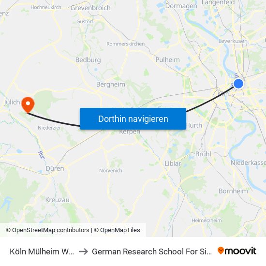 Köln Mülheim Wiener Platz to German Research School For Simulation Sciences map