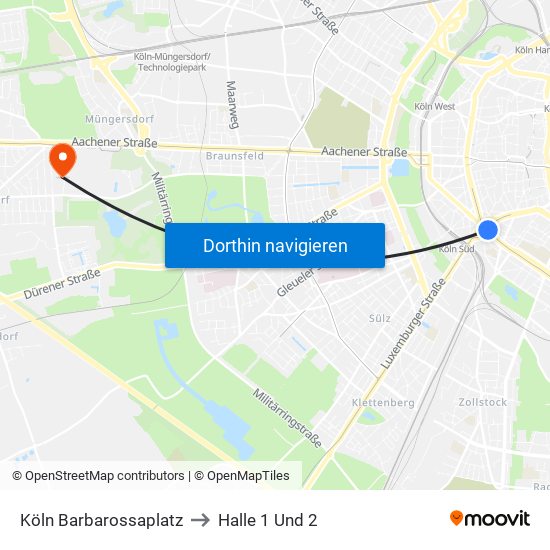 Köln Barbarossaplatz to Halle 1 Und 2 map