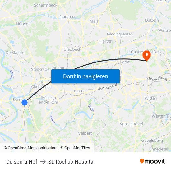 Duisburg Hbf to St. Rochus-Hospital map