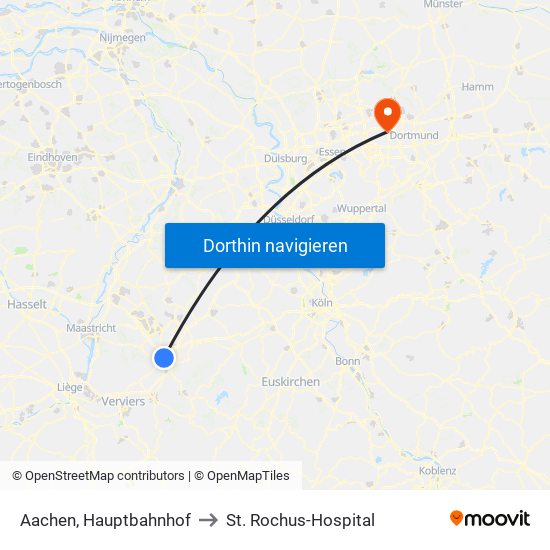 Aachen, Hauptbahnhof to St. Rochus-Hospital map