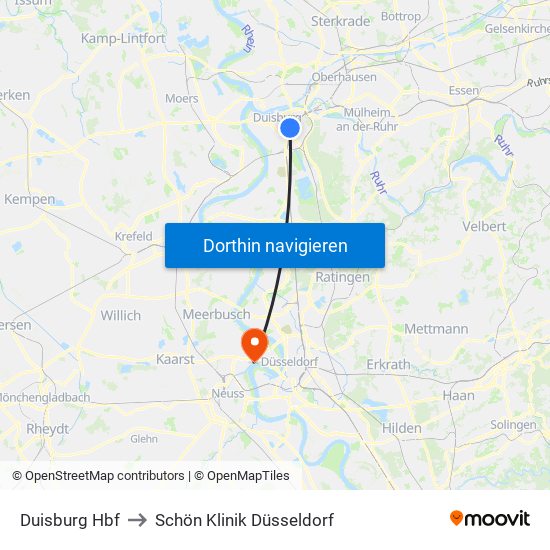 Duisburg Hbf to Schön Klinik Düsseldorf map