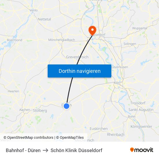 Bahnhof - Düren to Schön Klinik Düsseldorf map