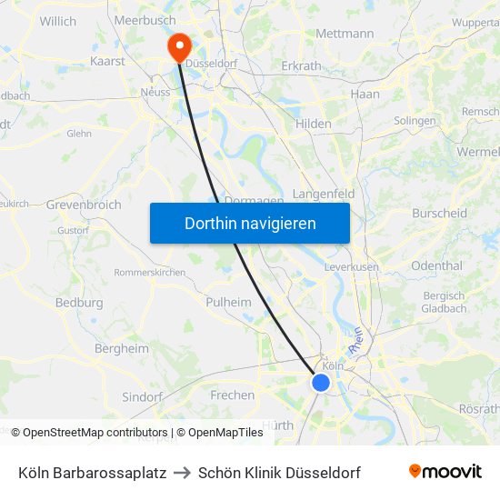 Köln Barbarossaplatz to Schön Klinik Düsseldorf map