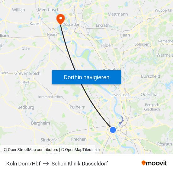 Köln Dom/Hbf to Schön Klinik Düsseldorf map