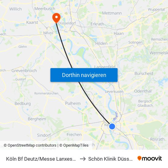 Köln Bf Deutz/Messe Lanxess Arena to Schön Klinik Düsseldorf map
