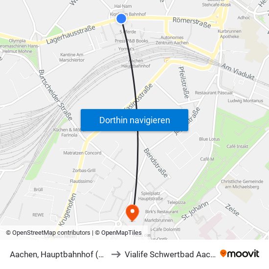 Aachen, Hauptbahnhof (Bus) to Vialife Schwertbad Aachen map