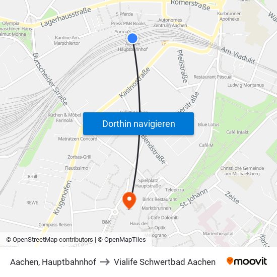 Aachen, Hauptbahnhof to Vialife Schwertbad Aachen map