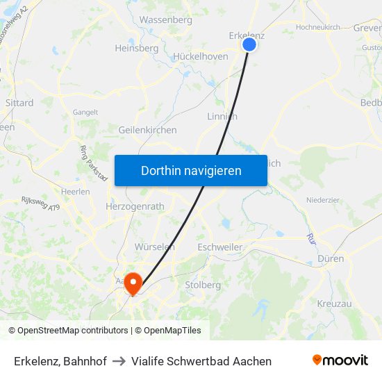 Erkelenz, Bahnhof to Vialife Schwertbad Aachen map