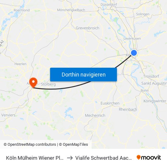 Köln Mülheim Wiener Platz to Vialife Schwertbad Aachen map