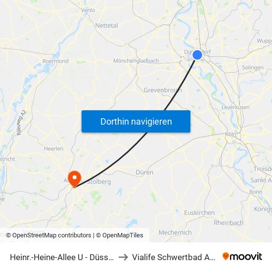 Heinr.-Heine-Allee U - Düsseldorf to Vialife Schwertbad Aachen map