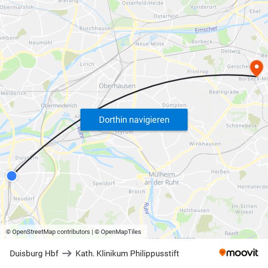 Duisburg Hbf to Kath. Klinikum Philippusstift map