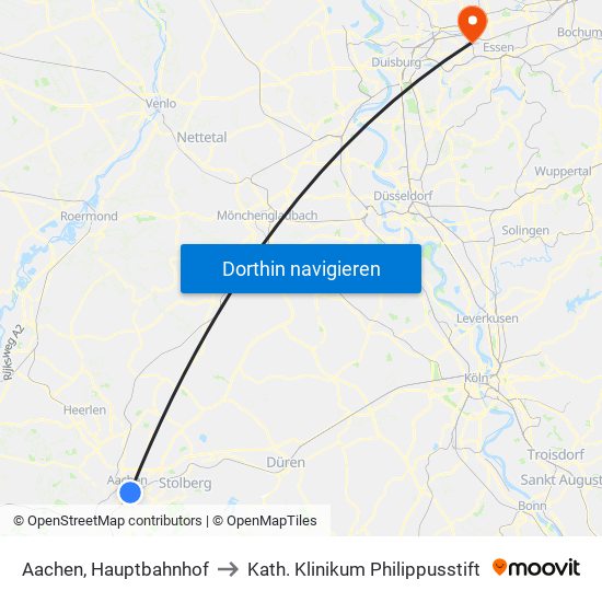 Aachen, Hauptbahnhof to Kath. Klinikum Philippusstift map