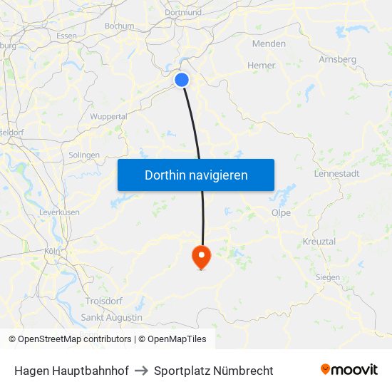 Hagen Hauptbahnhof to Sportplatz Nümbrecht map