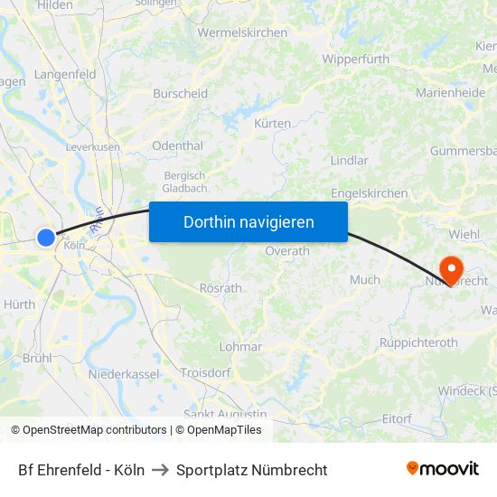 Bf Ehrenfeld - Köln to Sportplatz Nümbrecht map