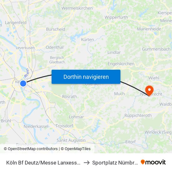 Köln Bf Deutz/Messe Lanxess Arena to Sportplatz Nümbrecht map