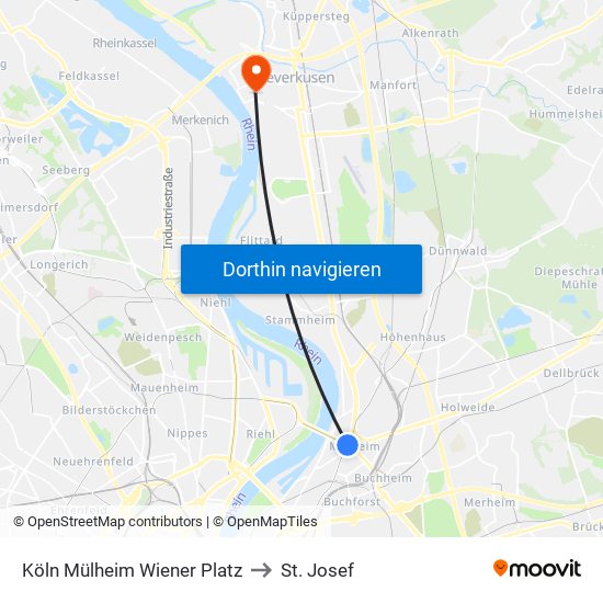 Köln Mülheim Wiener Platz to St. Josef map
