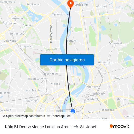 Köln Bf Deutz/Messe Lanxess Arena to St. Josef map