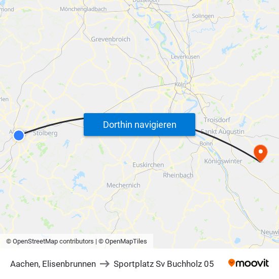 Aachen, Elisenbrunnen to Sportplatz Sv Buchholz 05 map